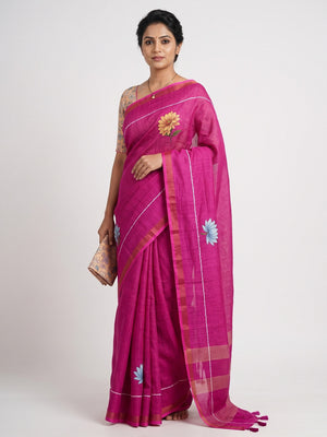 Elegant Rani Pink Floral Digital Printed Linen Cotton Saree With Woven Border & Tassel Pallu - Image 1
