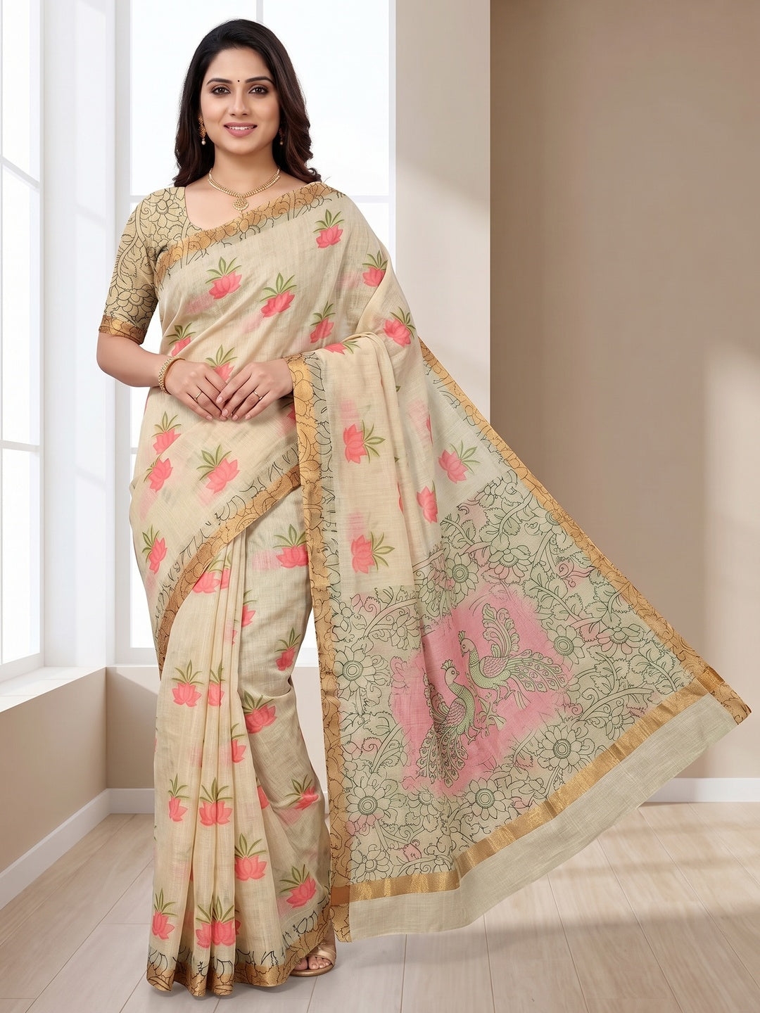 Ethnic Beige Linen Saree with Graceful Floral Printed Motif Work - Image 1