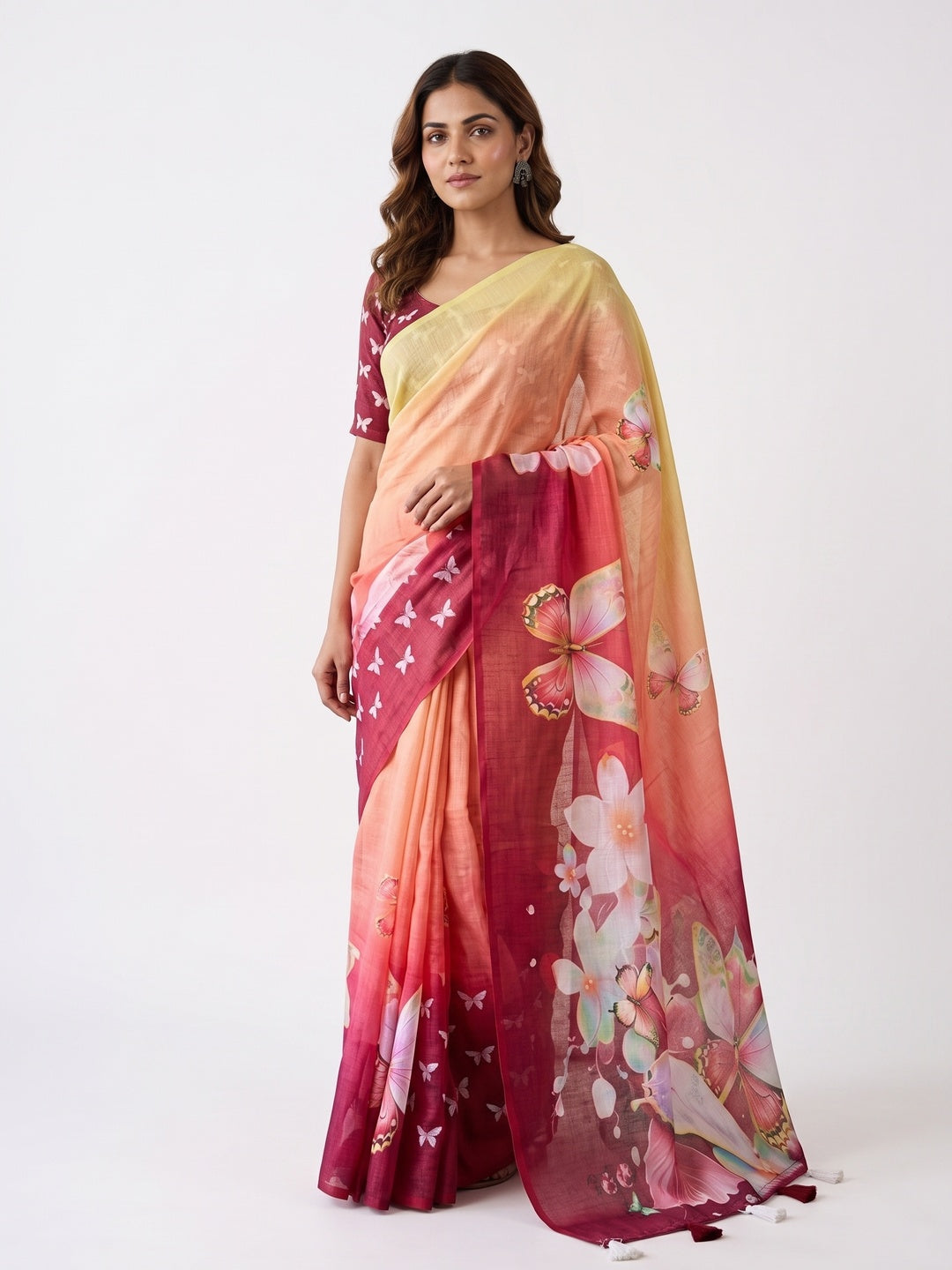 Elegant Multicolor Ombre Floral Digital Printed Saree With Butterfly Motif Work & Elegant Pallu - Image 1