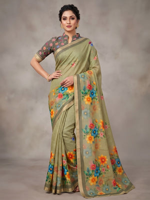 Elegant Green Linen Saree with Floral Print and Border Detail - Image 1