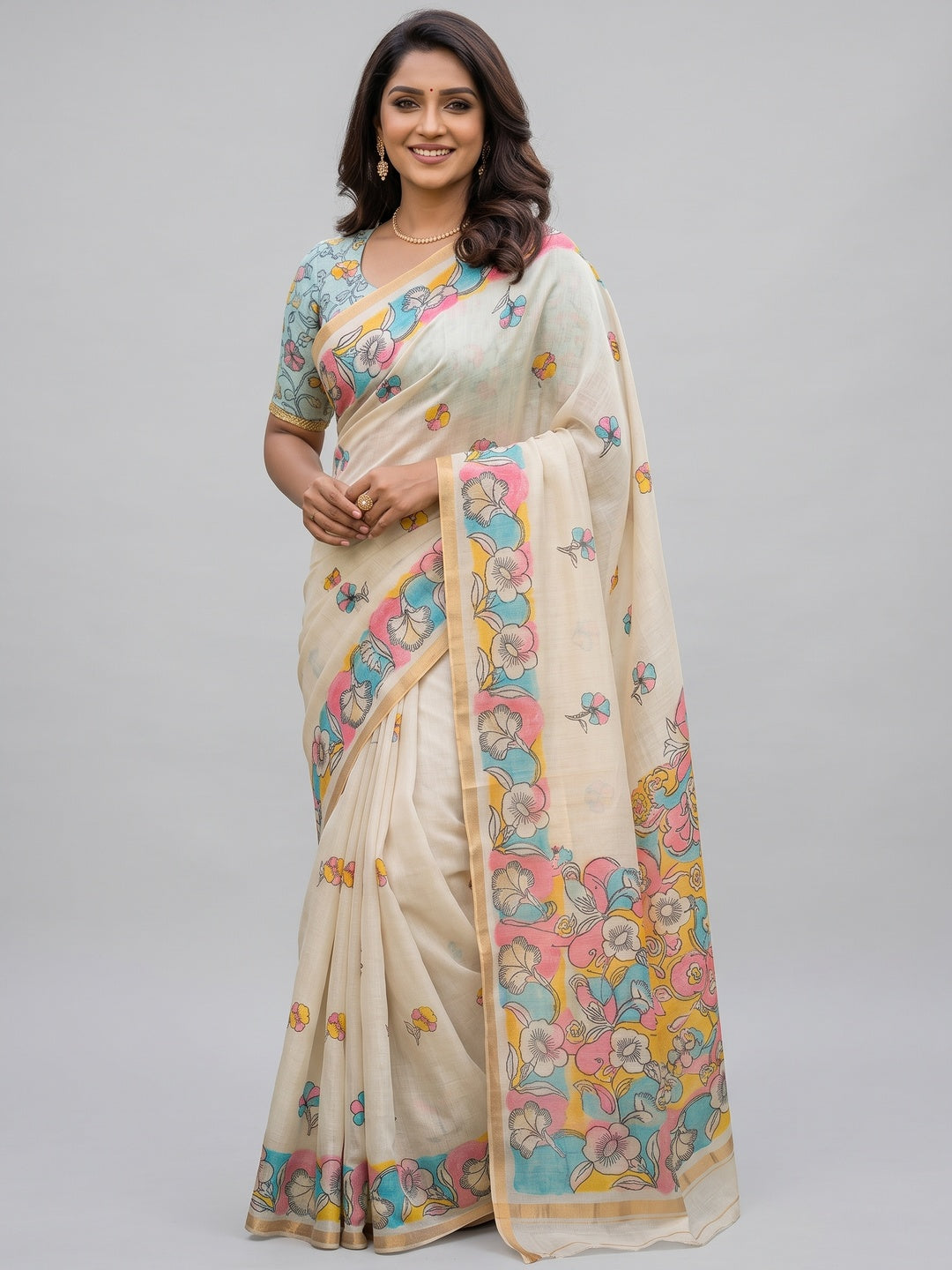 Ethnic Beige Linen Saree with Graceful Floral Printed Motif Work - Image 1