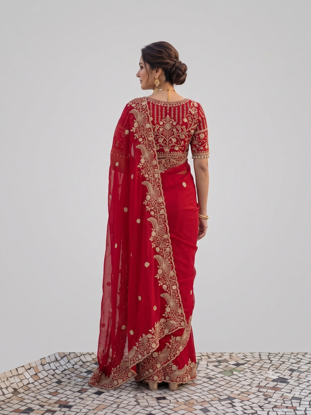 Peachmode Red Fandy Satin Silk Saree with Sequins, Zari Embroidery and Cutwork Border - Image 2