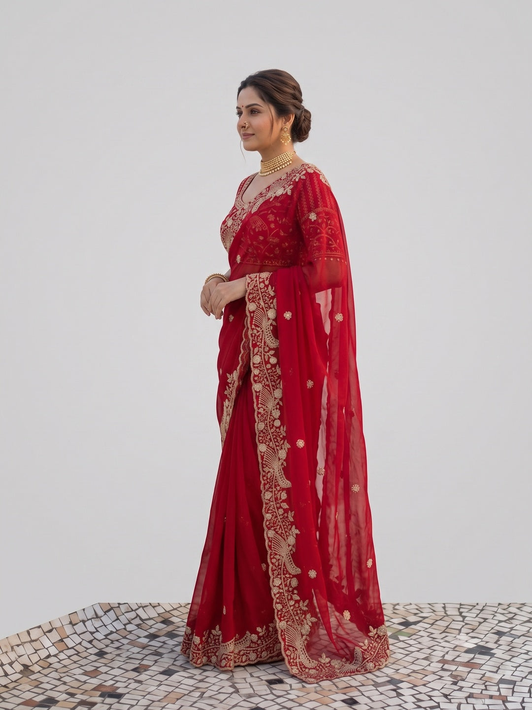 Peachmode Red Fandy Satin Silk Saree with Sequins, Zari Embroidery and Cutwork Border - Image 3