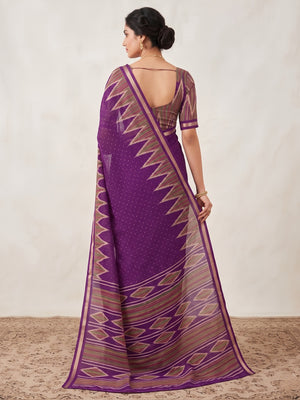 Classic Purple Ikkat Printed Mulmul Cotton Saree With Elegant Zari Weaving Border - Image 2