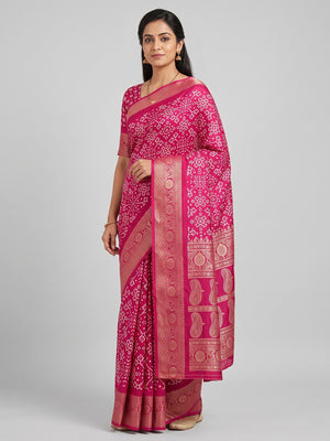 Contemporary Rani Pink Geometric Mill Printed Dola Silk Saree With Ornate Floral Zari Border - Image 1