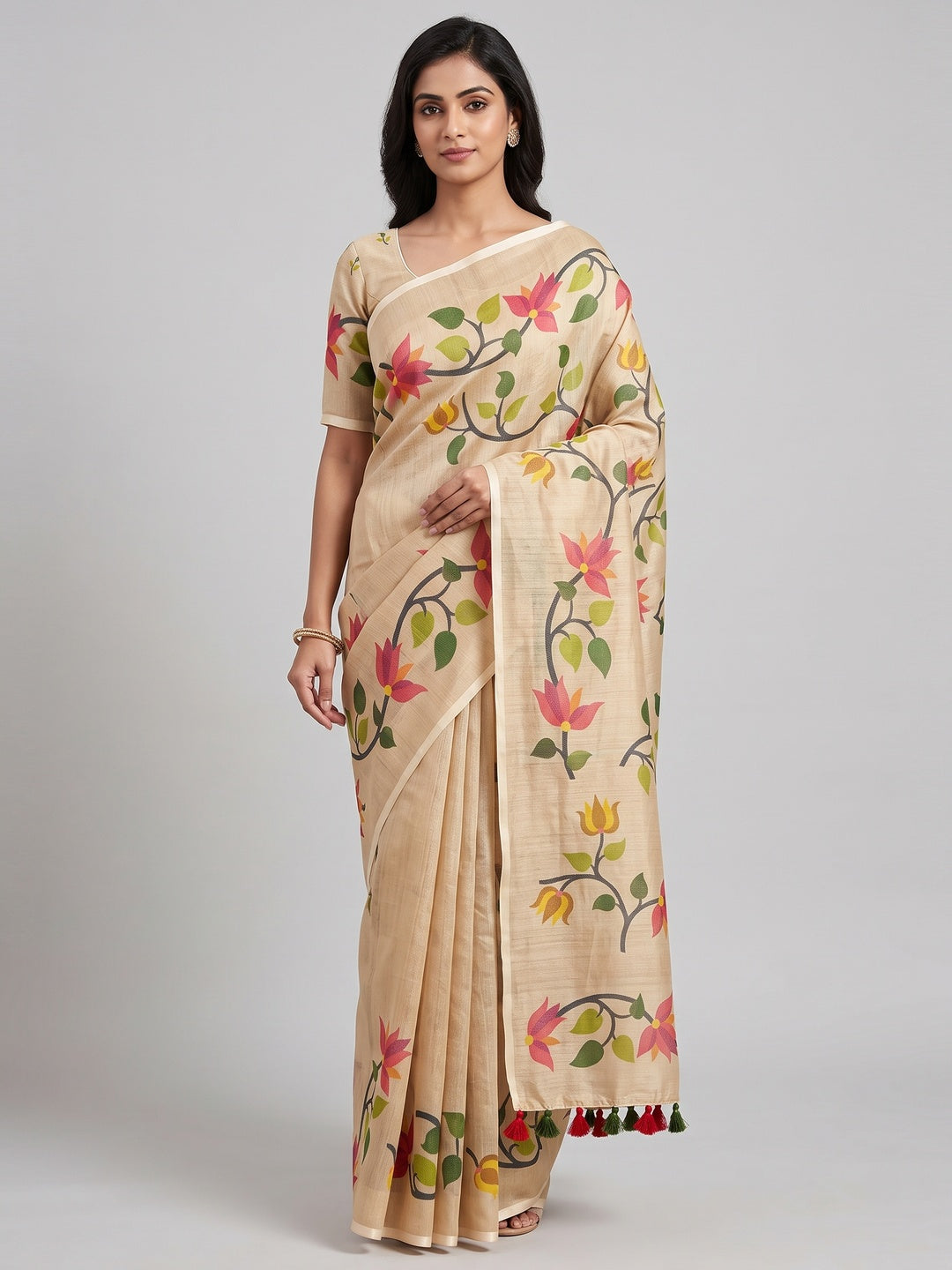 Beige Floral Printed Tissue Cotton Silk Saree Enhanced with a Classic Zari Weaving Border - Image 1