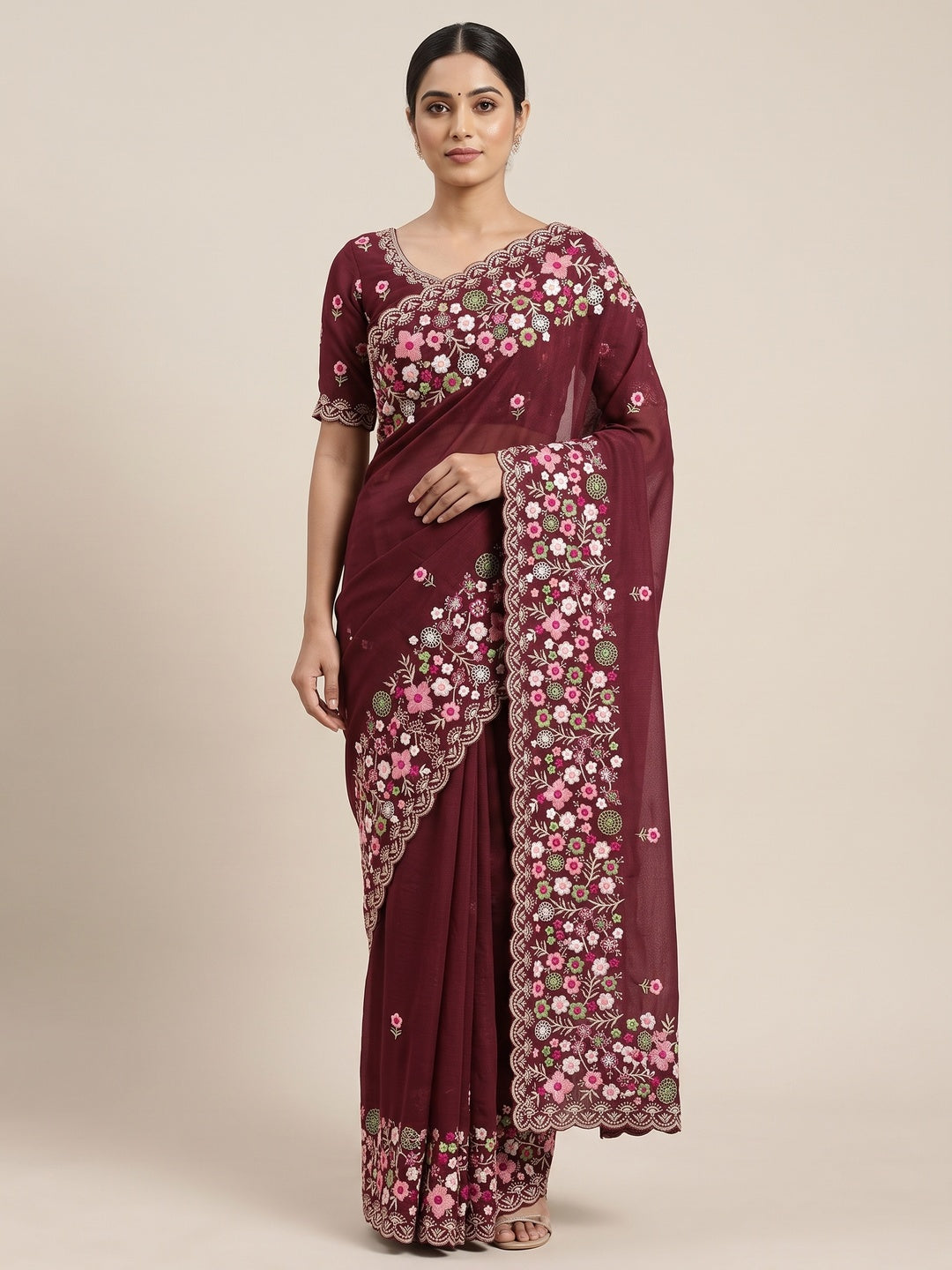 Graceful Maroon Georgette Saree Featuring Exquisite Floral Thread Embroidery Work - Image 1