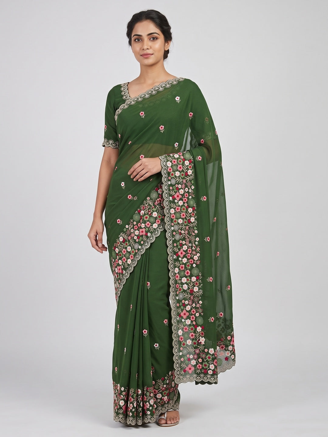 Graceful Green Georgette Saree Featuring Exquisite Floral Thread Embroidery Work - Image 1