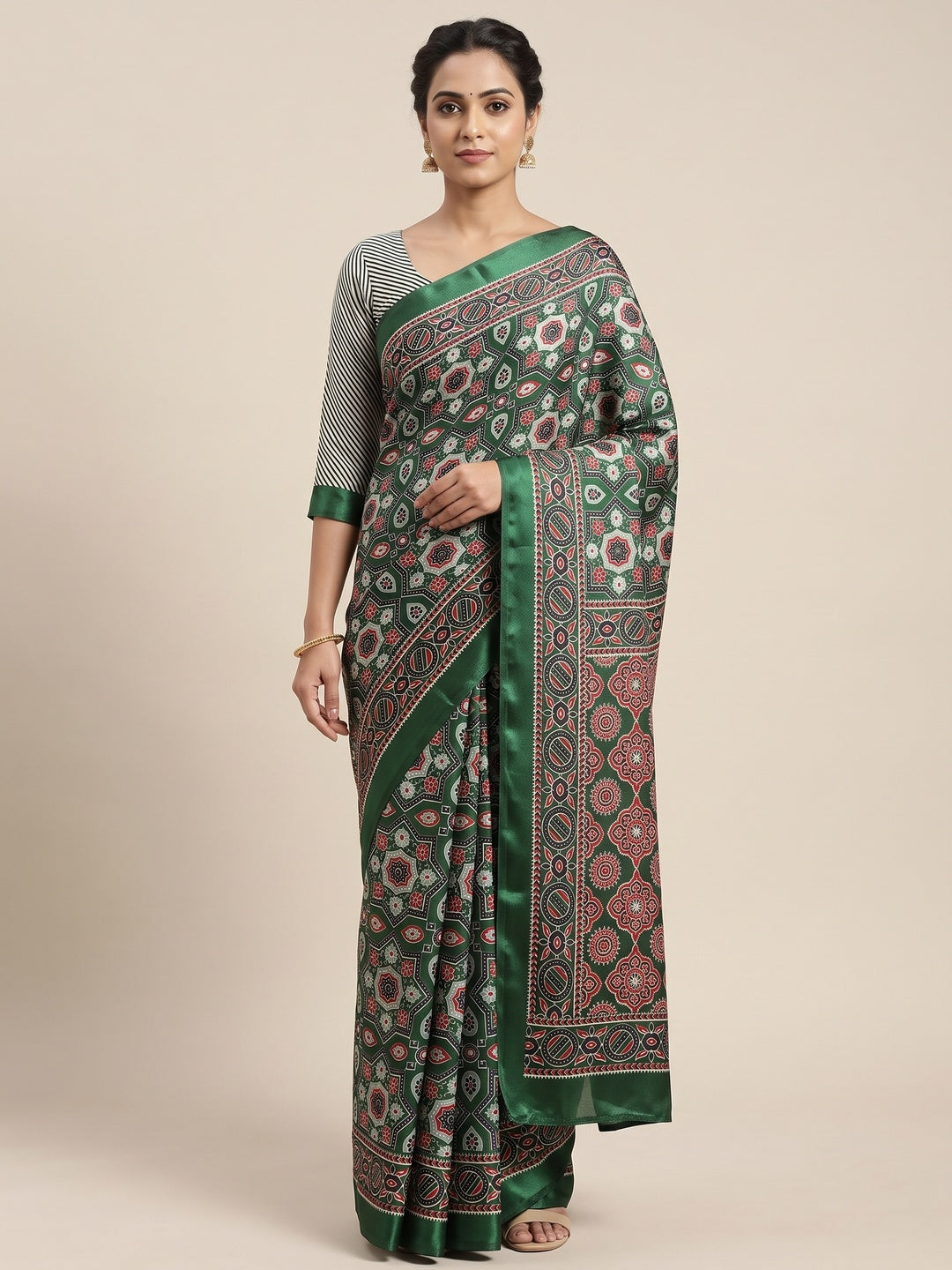 Modern Style Green Ajrakh Printed Crepe Silk Saree for Elegant Party Occasions - Image 1