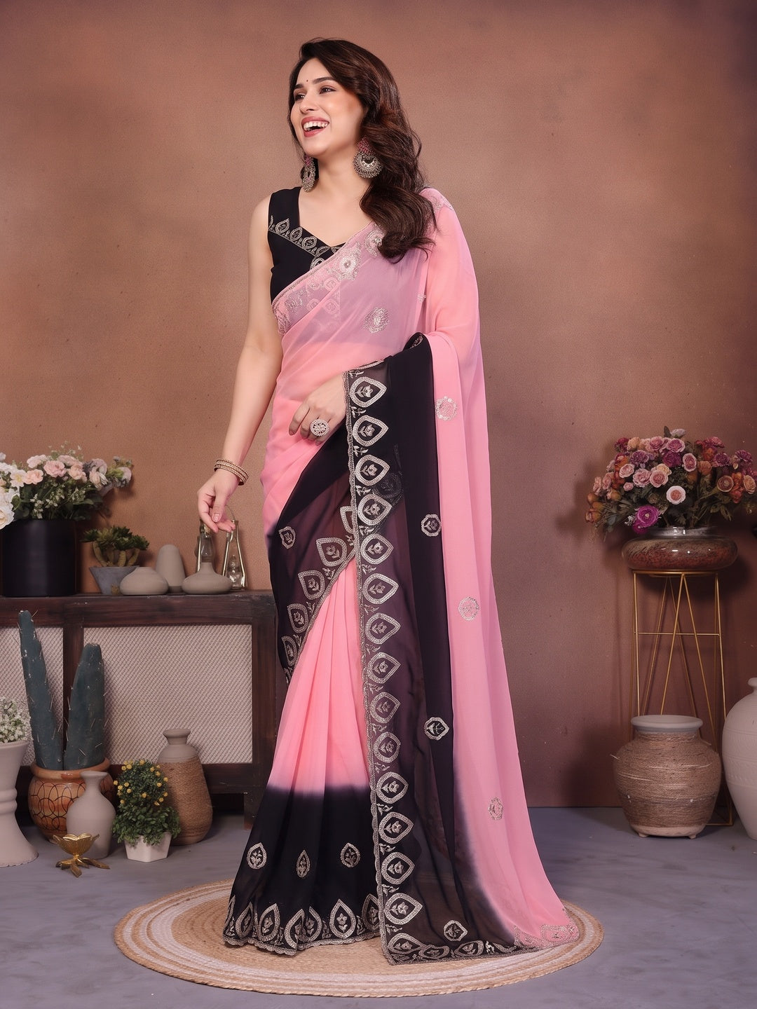 Soft Pink & Black Georgette Party Wear Saree with Designer Embroidered Border - Image 4