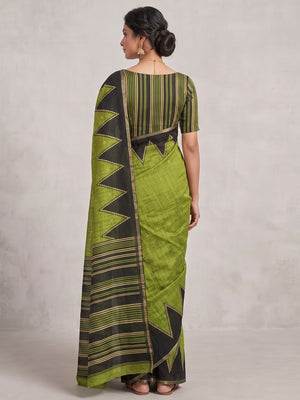 Luxury Green Zig Zag & Striped Printed Chanderi Silk Saree With Weaving Border - Image 2