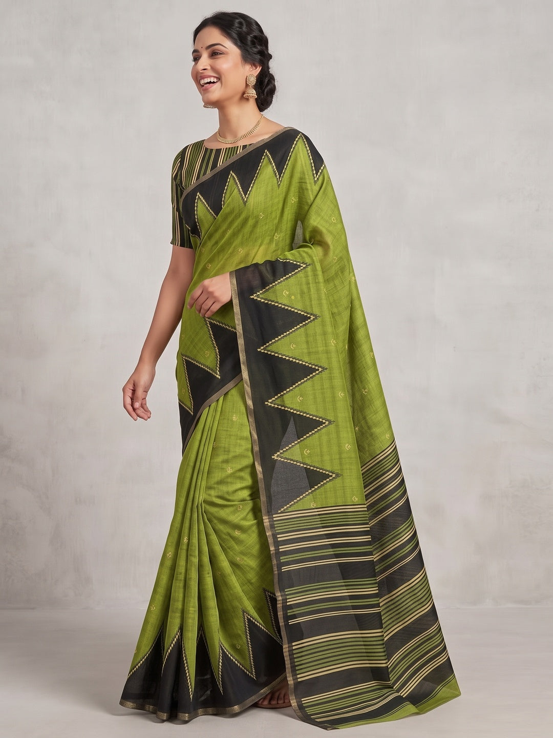 Luxury Green Zig Zag & Striped Printed Chanderi Silk Saree With Weaving Border - Image 4
