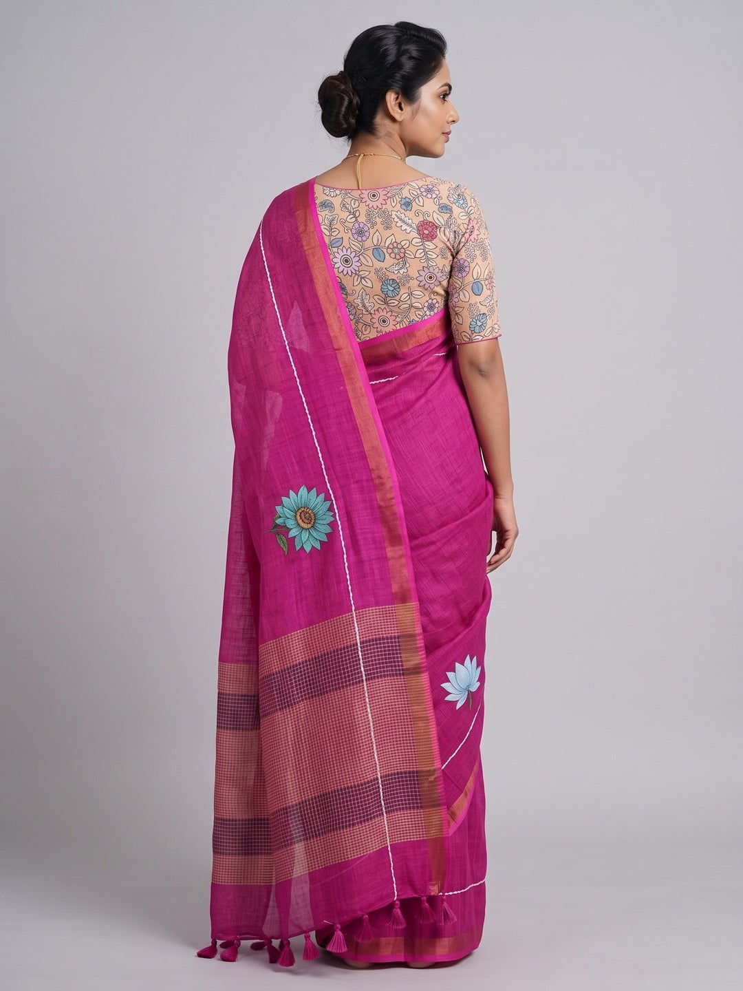 Elegant Rani Pink Floral Digital Printed Linen Cotton Saree With Woven Border & Tassel Pallu - Image 2