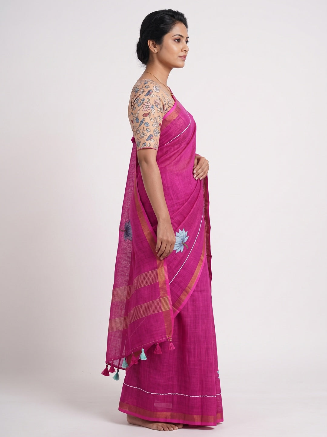 Elegant Rani Pink Floral Digital Printed Linen Cotton Saree With Woven Border & Tassel Pallu - Image 3