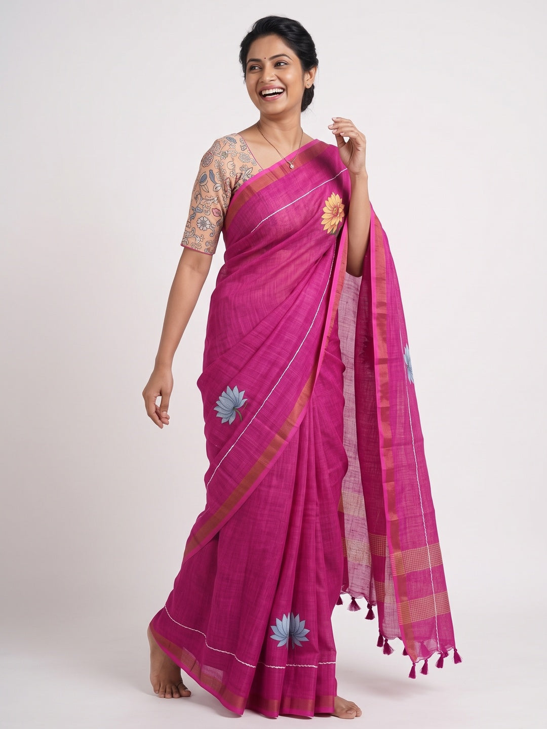 Elegant Rani Pink Floral Digital Printed Linen Cotton Saree With Woven Border & Tassel Pallu - Image 4