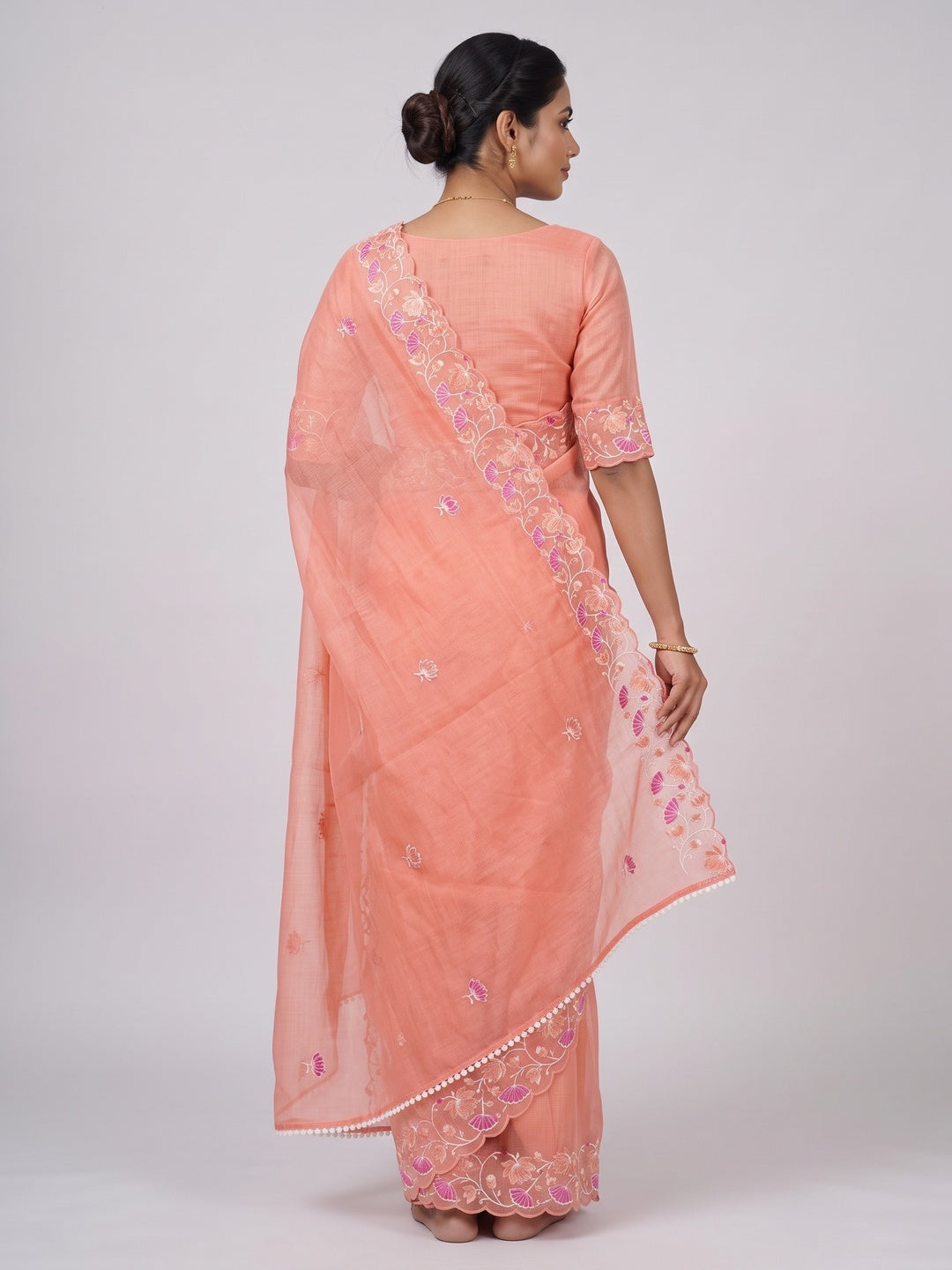 Peach Handwoven Kota Doria Saree Featuring Rich Gota Work for a Festive Look - Image 2