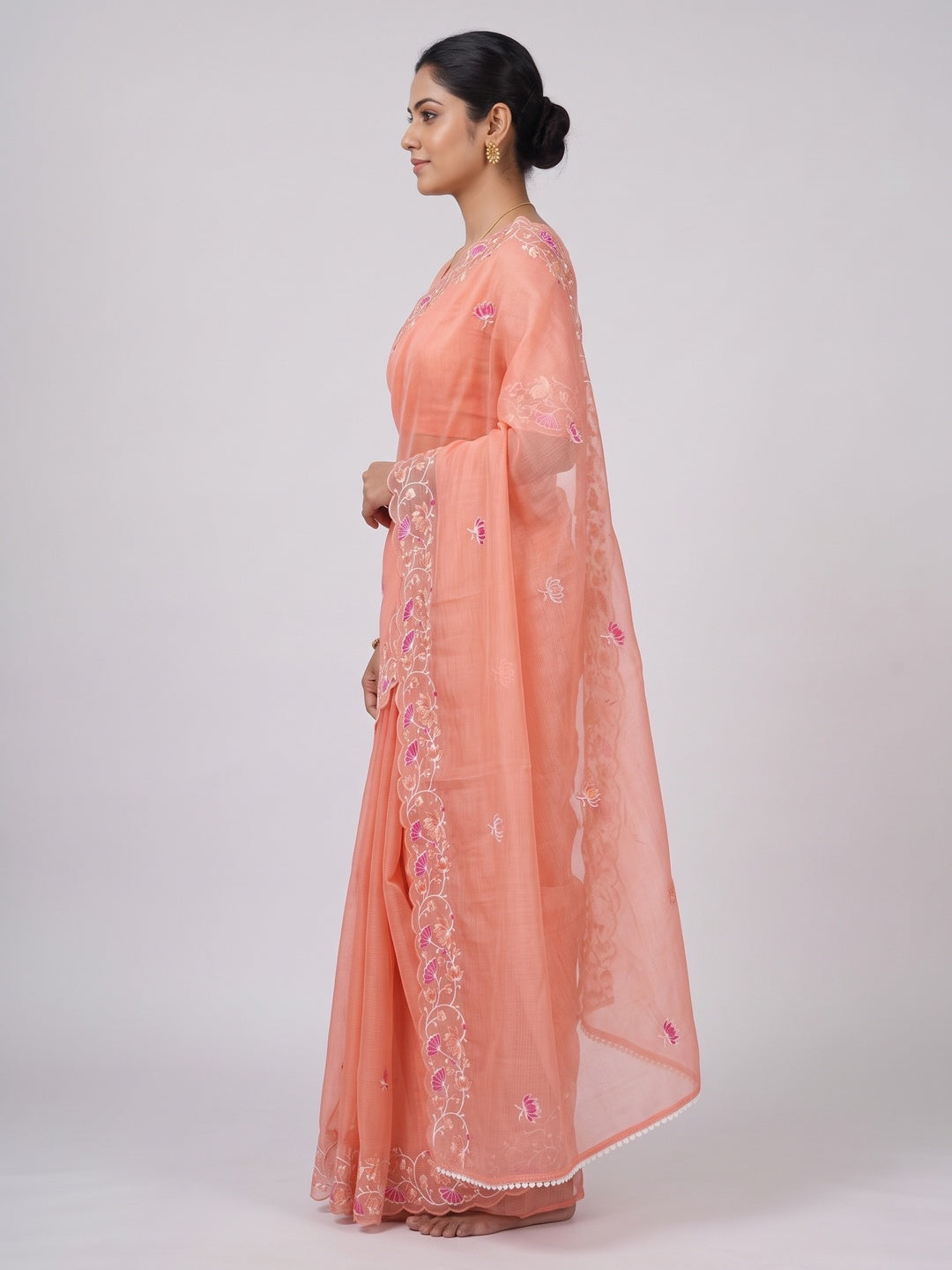 Peach Handwoven Kota Doria Saree Featuring Rich Gota Work for a Festive Look - Image 3