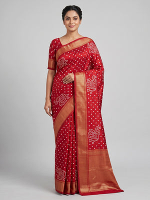 Red Dola Silk Saree Featuring Traditional Bandhani Print & Elegant Weaving Border - Image 1