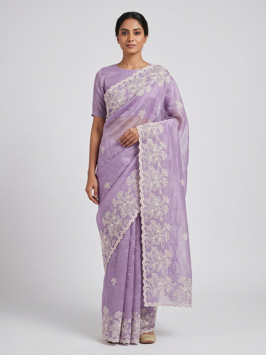 Timeless Lavender Floral Organza Saree with Embroidery for Parties - Image 1