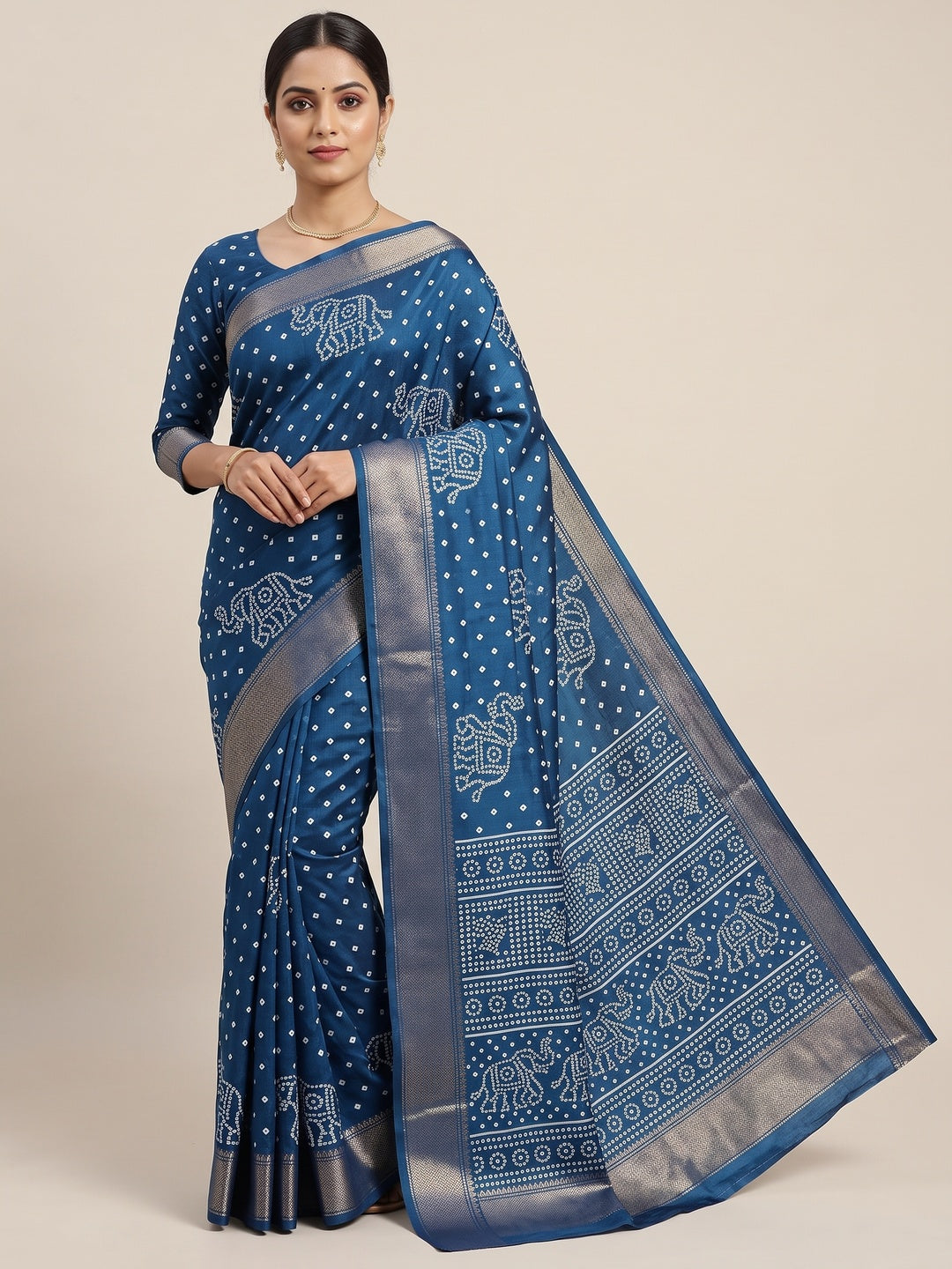 Blue Dola Silk Saree Featuring Traditional Bandhani Print & Elegant Weaving Border - Image 1