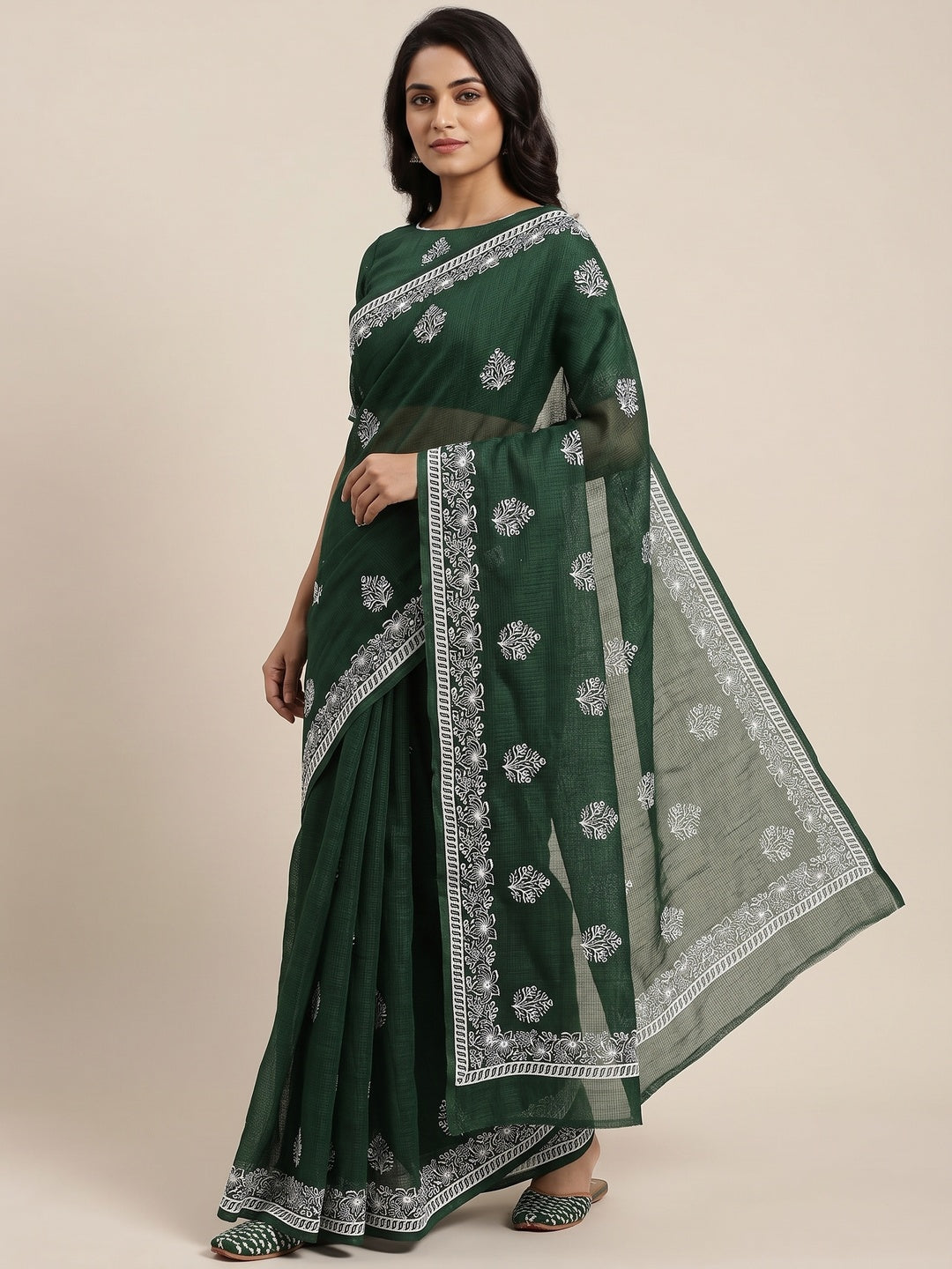 Elegant Dark Green Kota Doria Saree with Intricate Floral Embroidery Detailing - Image 1