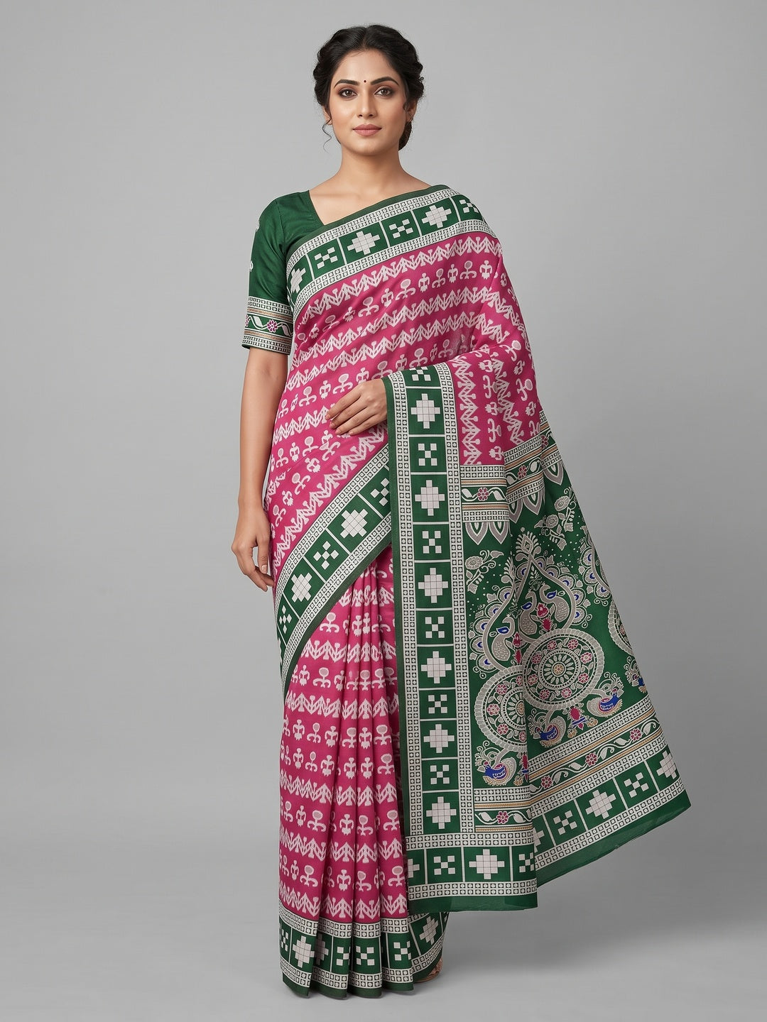 Pink Weaving Cotton Silk Saree With Contrasting Floral & Peacock Design Pallu - Image 1