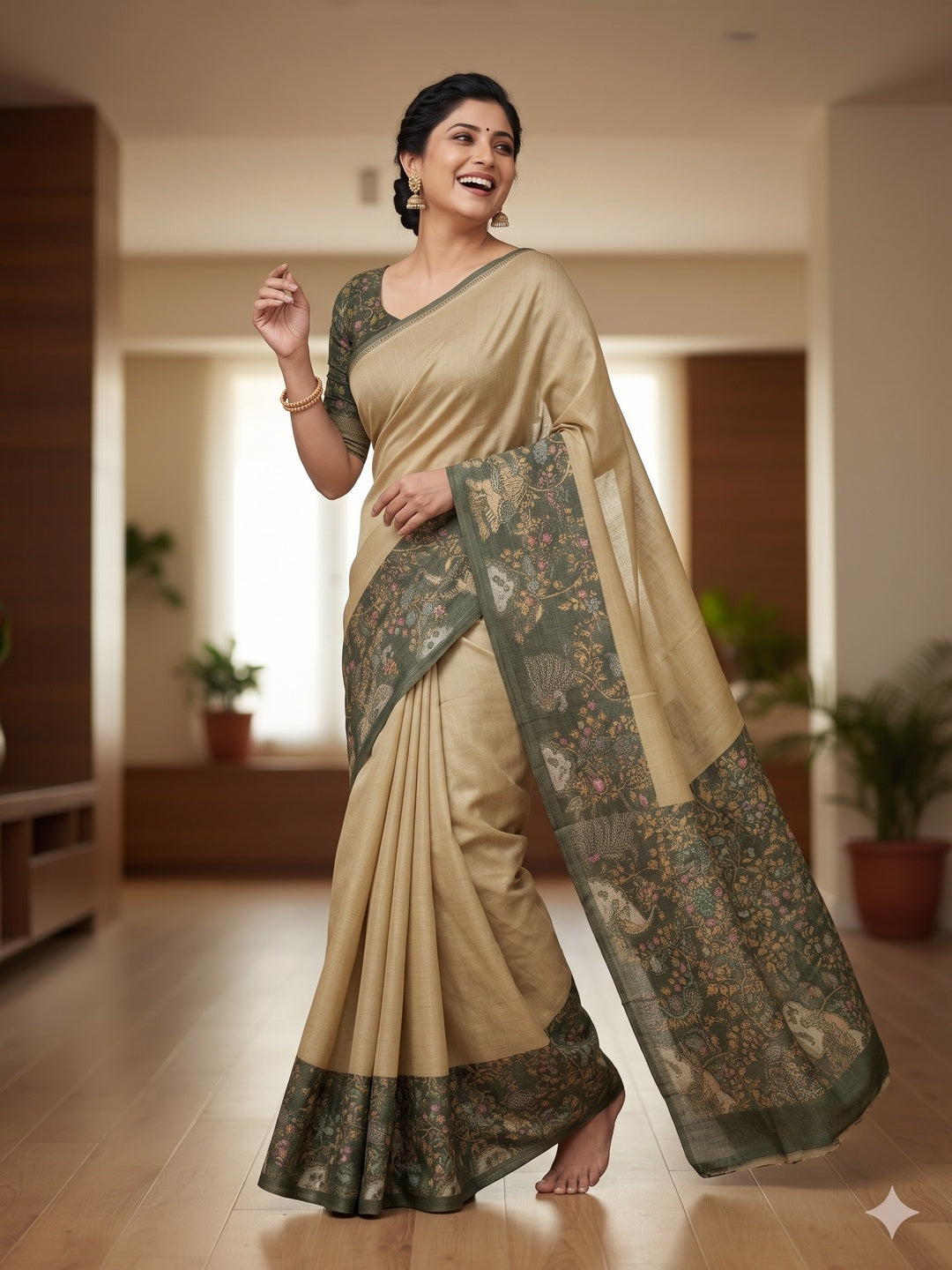 Elegant Chikoo Cotton Silk Saree with Floral Printed Border - Image 4