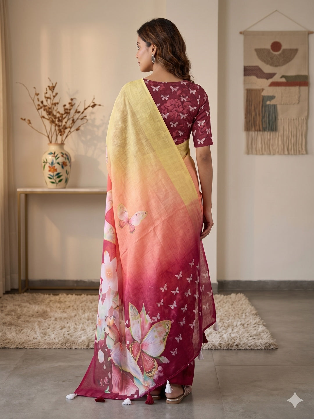 Elegant Multicolor Ombre Floral Digital Printed Saree With Butterfly Motif Work & Elegant Pallu - Image 2