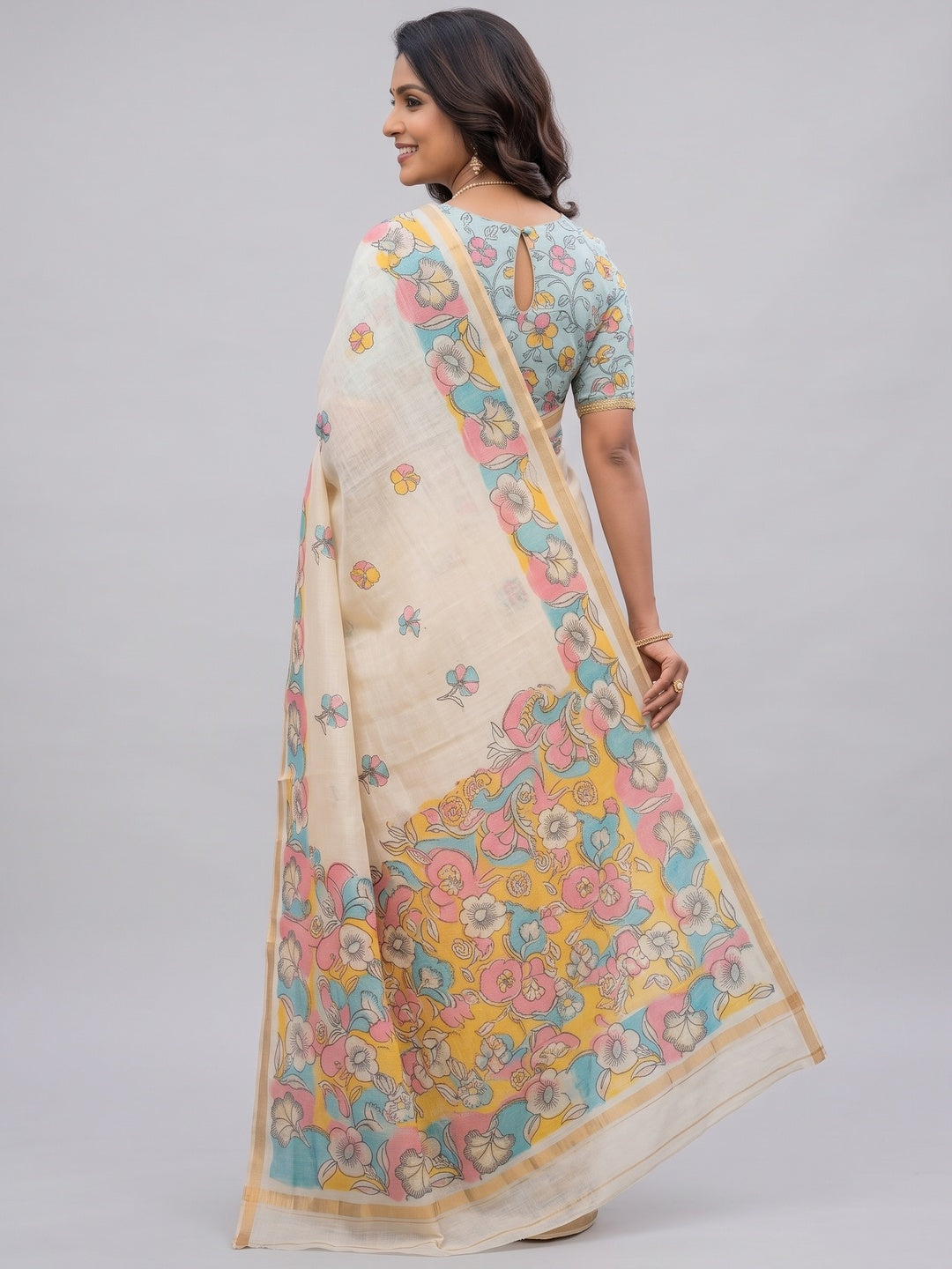 Ethnic Beige Linen Saree with Graceful Floral Printed Motif Work - Image 2