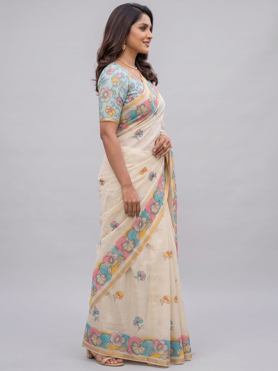Ethnic Beige Linen Saree with Graceful Floral Printed Motif Work - Image 3