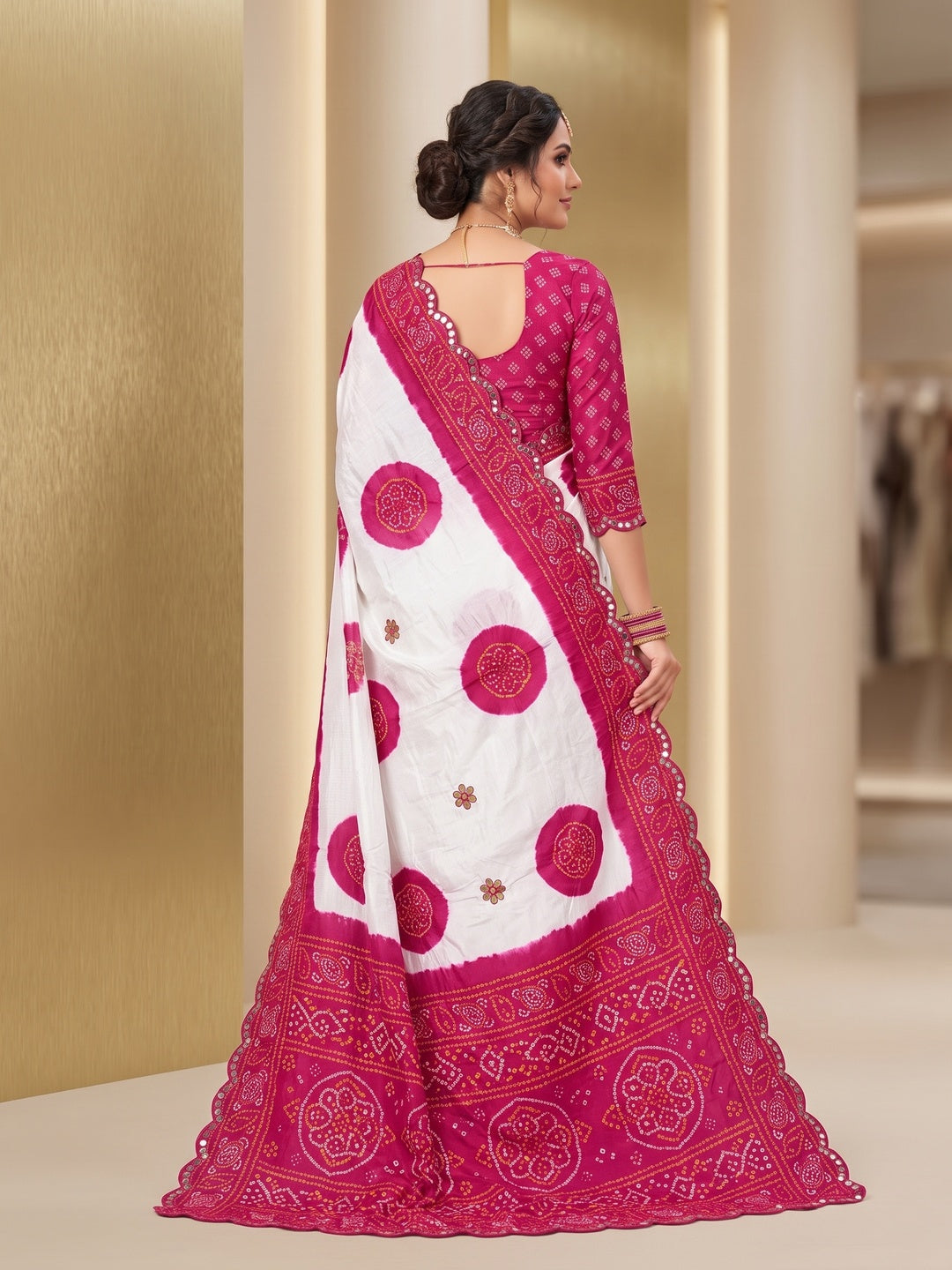 Elegant Pink & White Chiffon Silk Saree With Bandhani Print - Image 2
