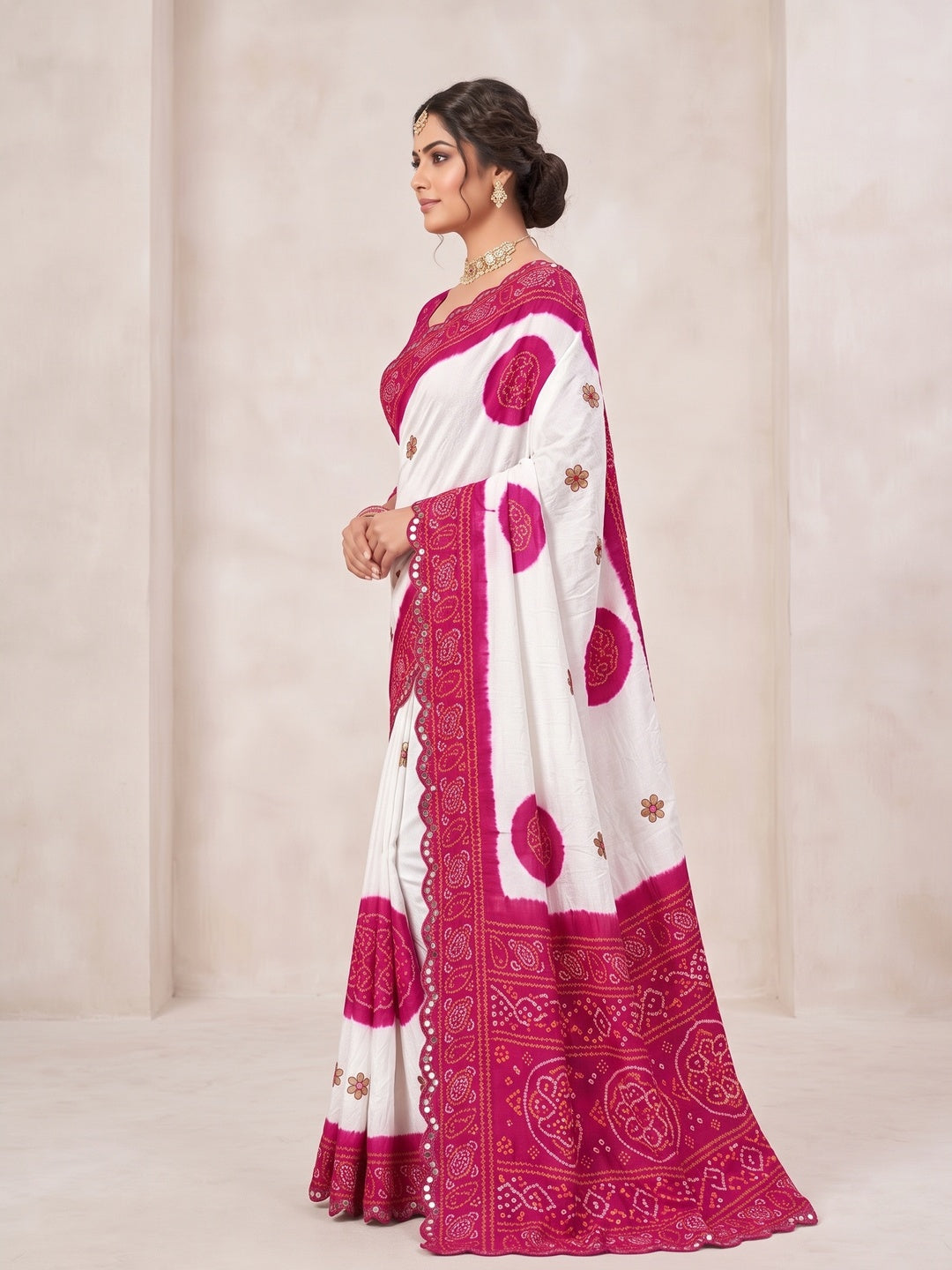 Elegant Pink & White Chiffon Silk Saree With Bandhani Print - Image 3