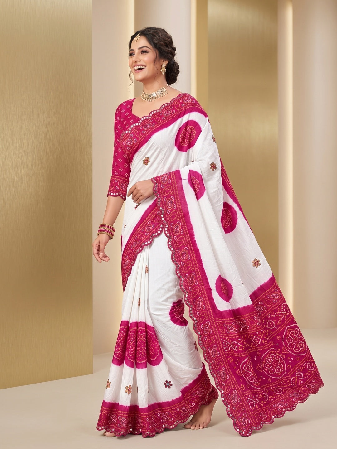 Elegant Pink & White Chiffon Silk Saree With Bandhani Print - Image 4