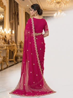 Elegant Pink Georgette Saree Embellished With Floral Zari Embroidery & Intricate Moti Work - Image 2