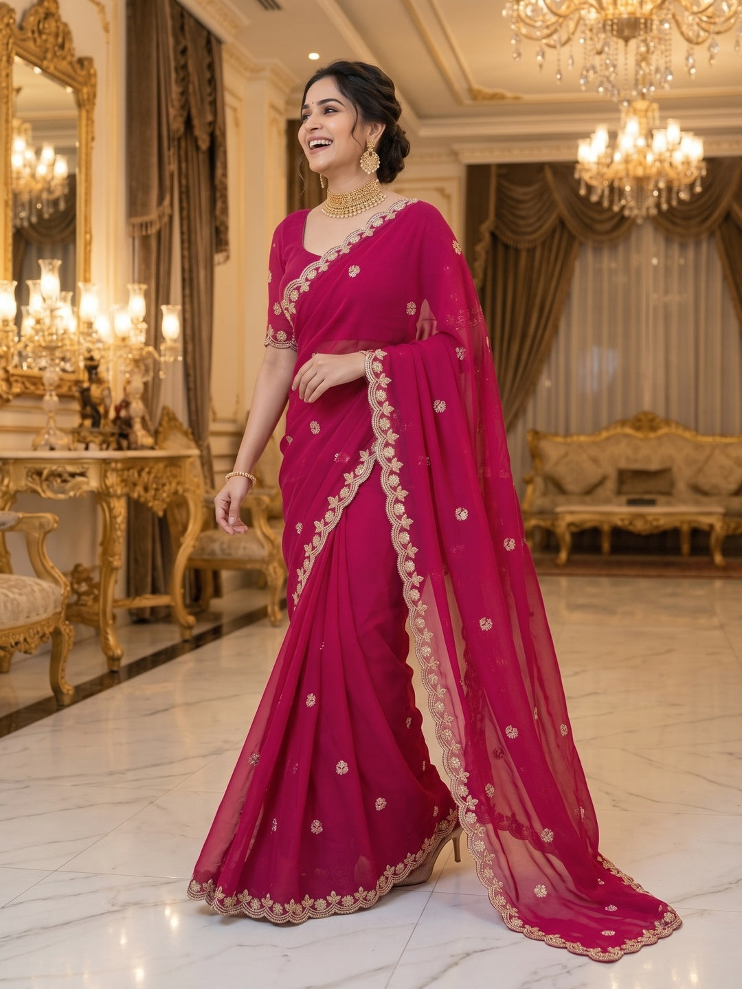 Elegant Pink Georgette Saree Embellished With Floral Zari Embroidery & Intricate Moti Work - Image 4
