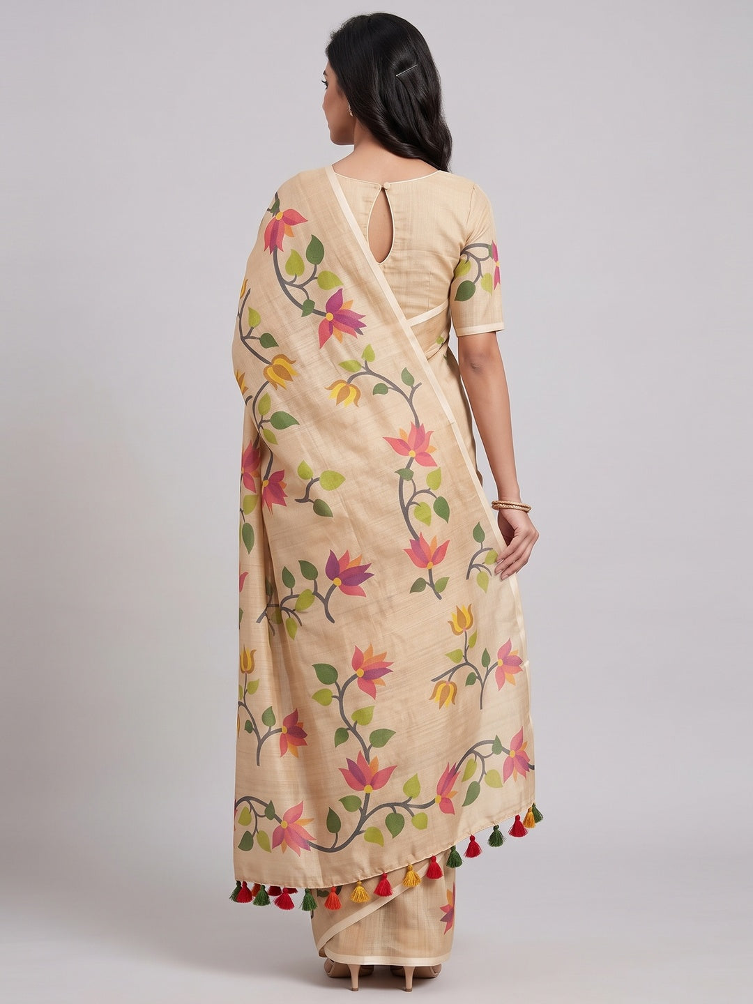 Beige Floral Printed Tissue Cotton Silk Saree Enhanced with a Classic Zari Weaving Border - Image 2