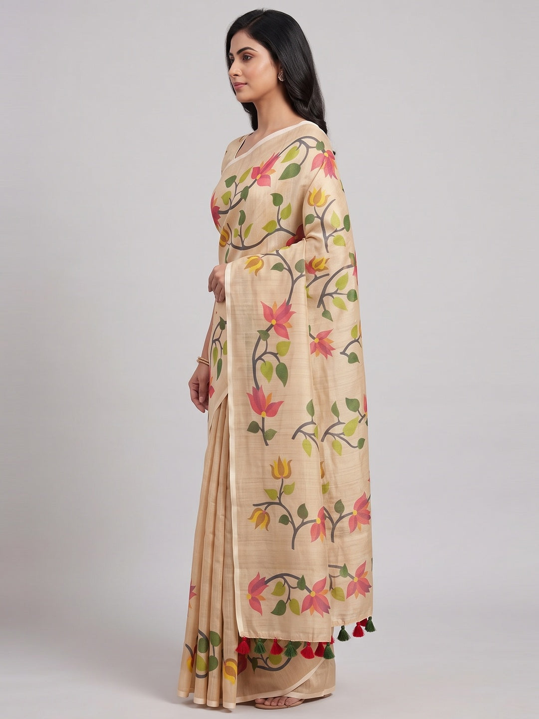 Beige Floral Printed Tissue Cotton Silk Saree Enhanced with a Classic Zari Weaving Border - Image 3