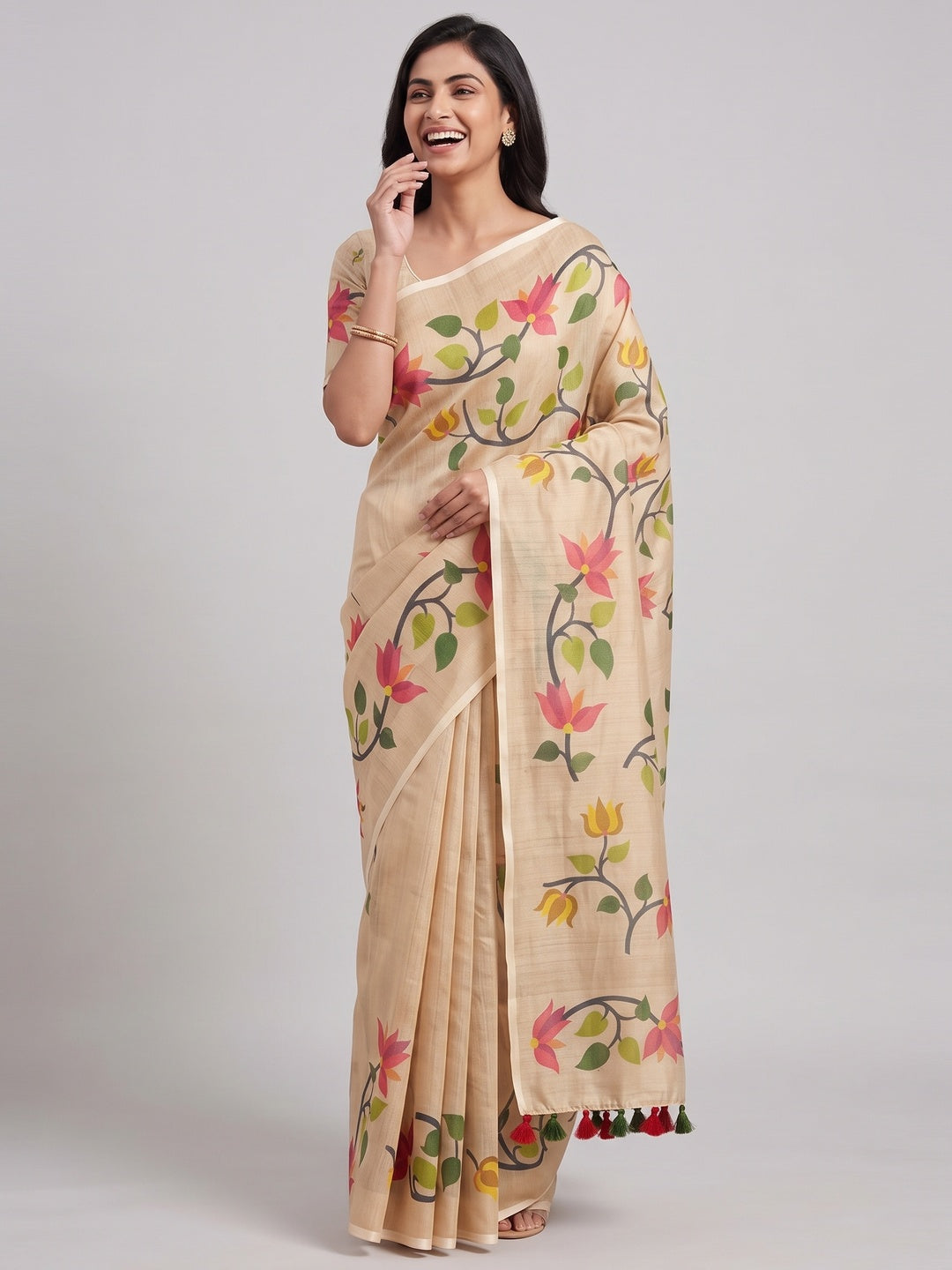 Beige Floral Printed Tissue Cotton Silk Saree Enhanced with a Classic Zari Weaving Border - Image 4