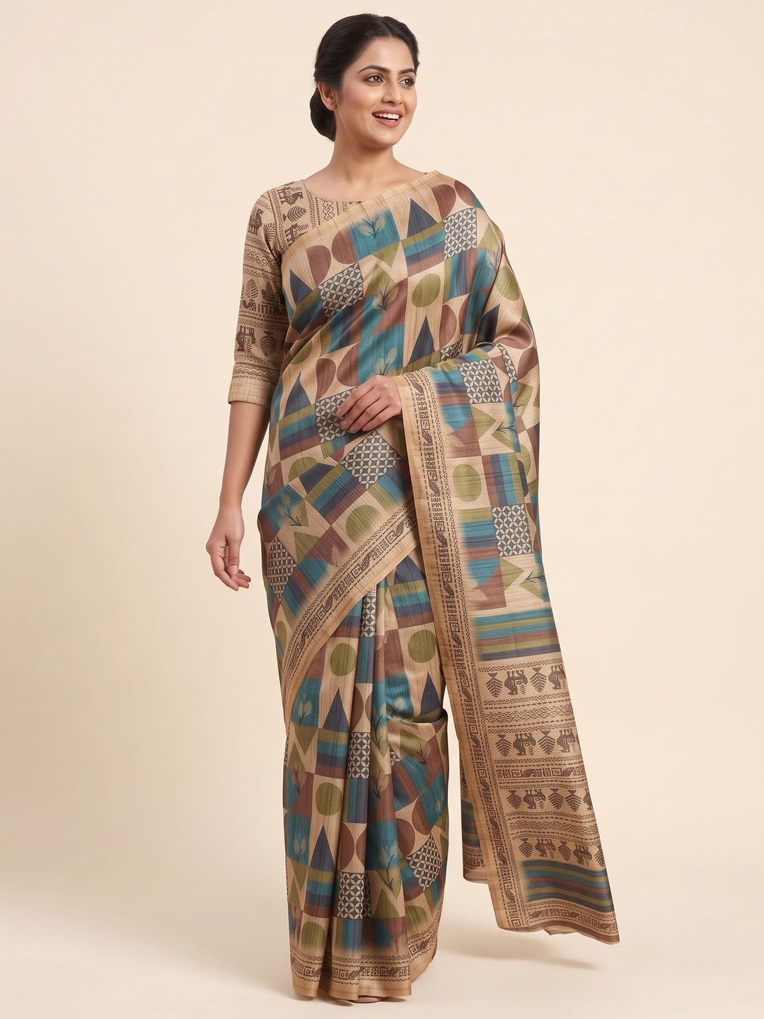 Elegant Beige Tussar Silk Blend Saree Adorned with Contemporary Geometric Patterns - Image 4