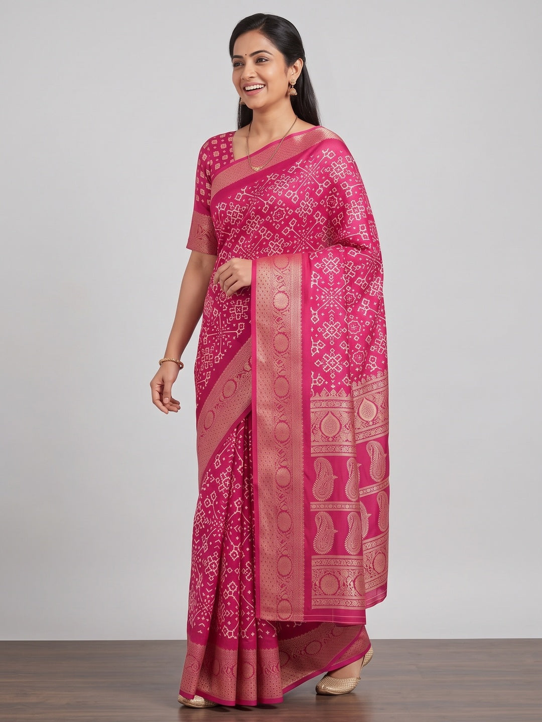 Contemporary Rani Pink Geometric Mill Printed Dola Silk Saree With Ornate Floral Zari Border - Image 4