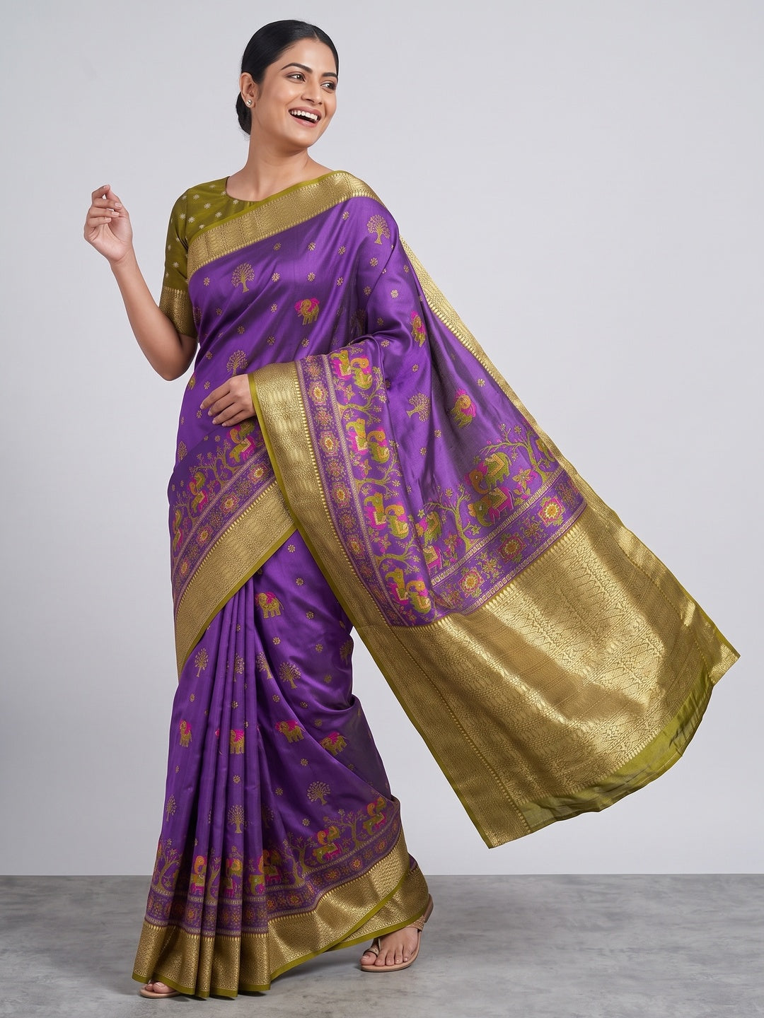 Majestic Purple Elephant & Floral Printed Dola Silk Saree Featuring Intricate Weaving Border - Image 4