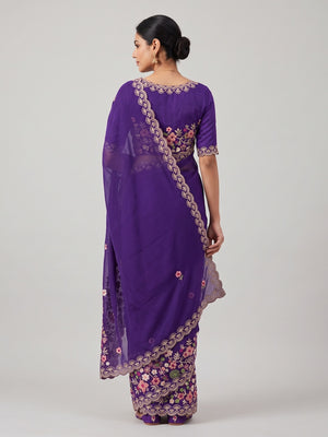 Graceful Purple Georgette Saree Featuring Exquisite Floral Thread Embroidery Work - Image 2
