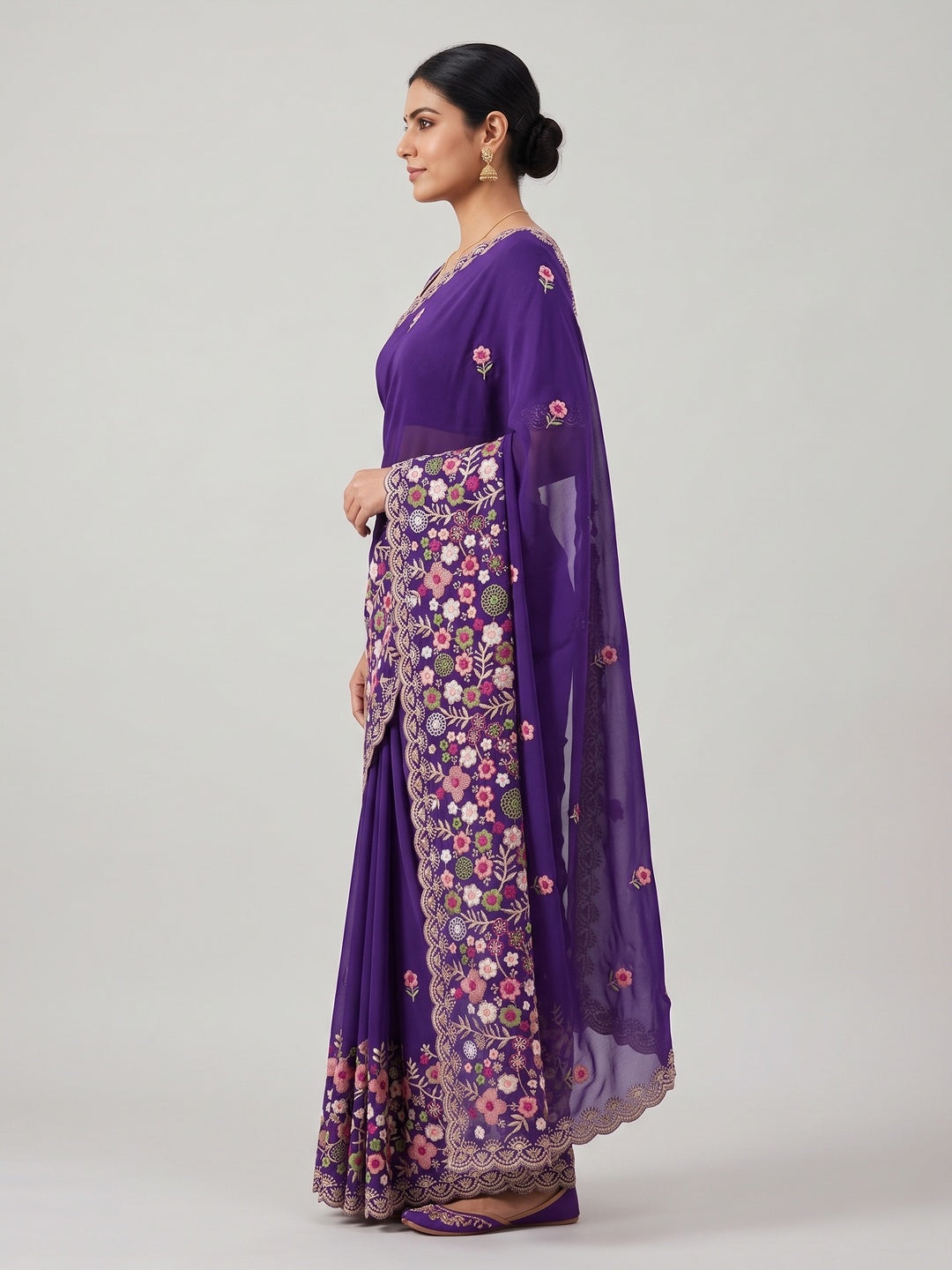 Graceful Purple Georgette Saree Featuring Exquisite Floral Thread Embroidery Work - Image 3
