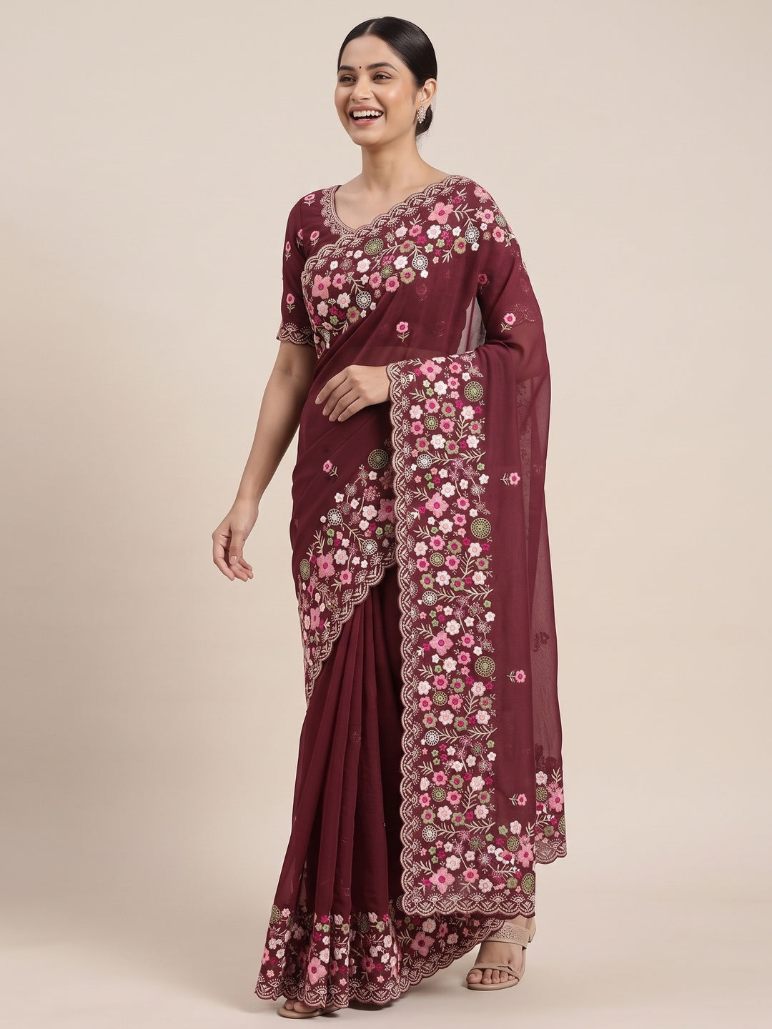 Graceful Maroon Georgette Saree Featuring Exquisite Floral Thread Embroidery Work - Image 4