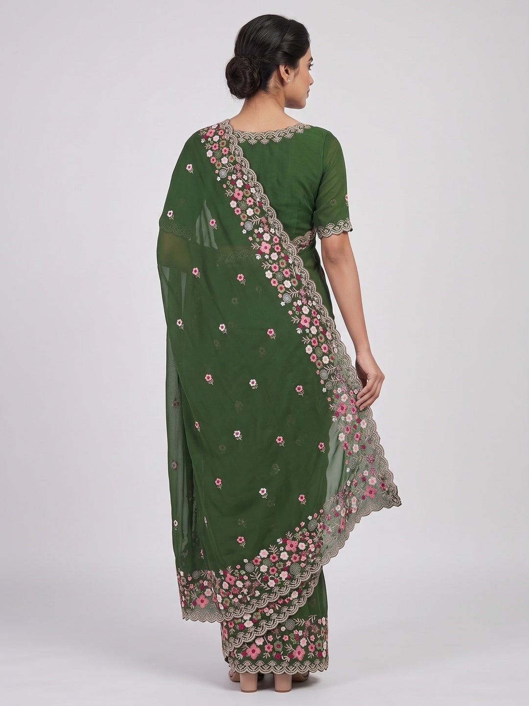 Graceful Green Georgette Saree Featuring Exquisite Floral Thread Embroidery Work - Image 2