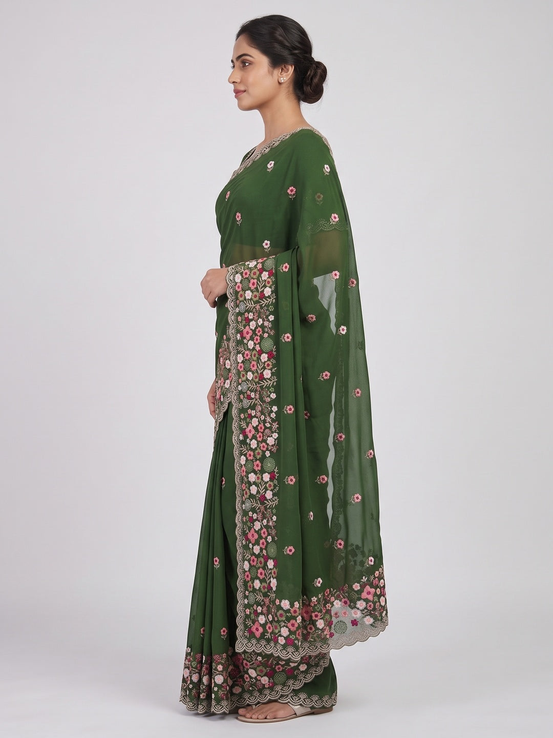 Graceful Green Georgette Saree Featuring Exquisite Floral Thread Embroidery Work - Image 3