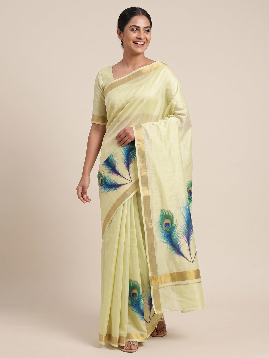 Charming Pista Green Soft Tussar Cotton Silk Saree With Peacock Feathers Print - Image 4