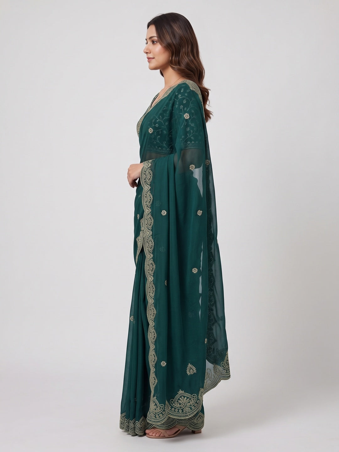 Gorgeous Teal Green Floral Embroidered Georgette Saree Accented With Luxurious Zari Work - Image 3