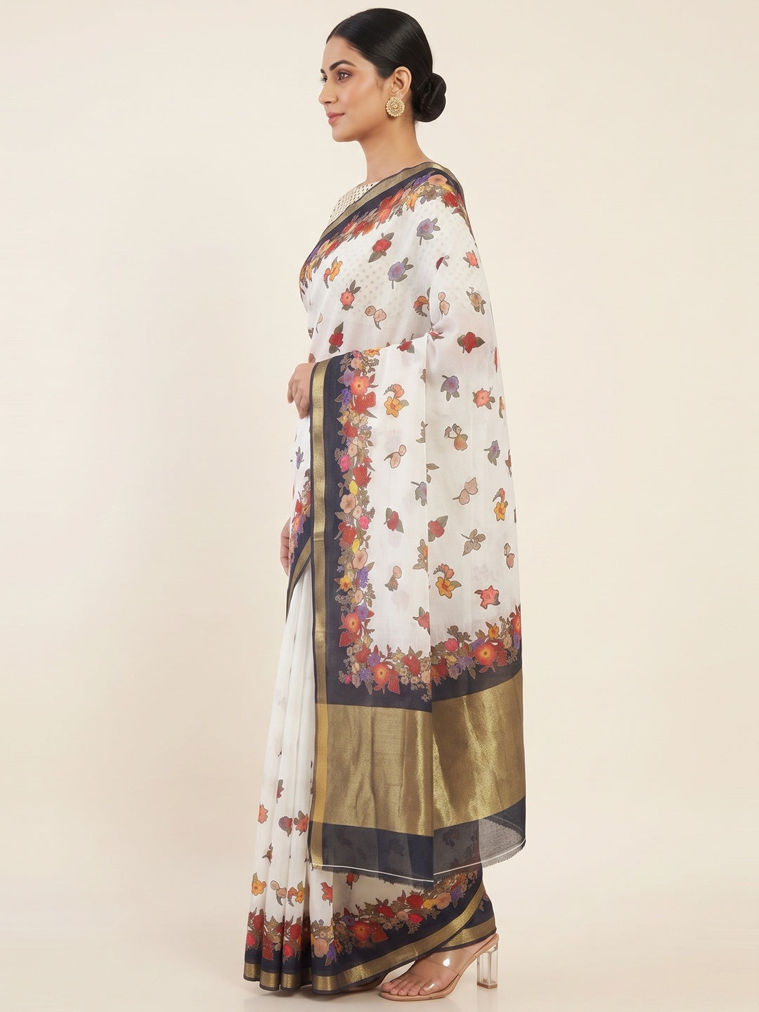 White Floral Digital Print Chanderi Cotton Saree Enhanced With Charming Zari Weaving Border - Image 3