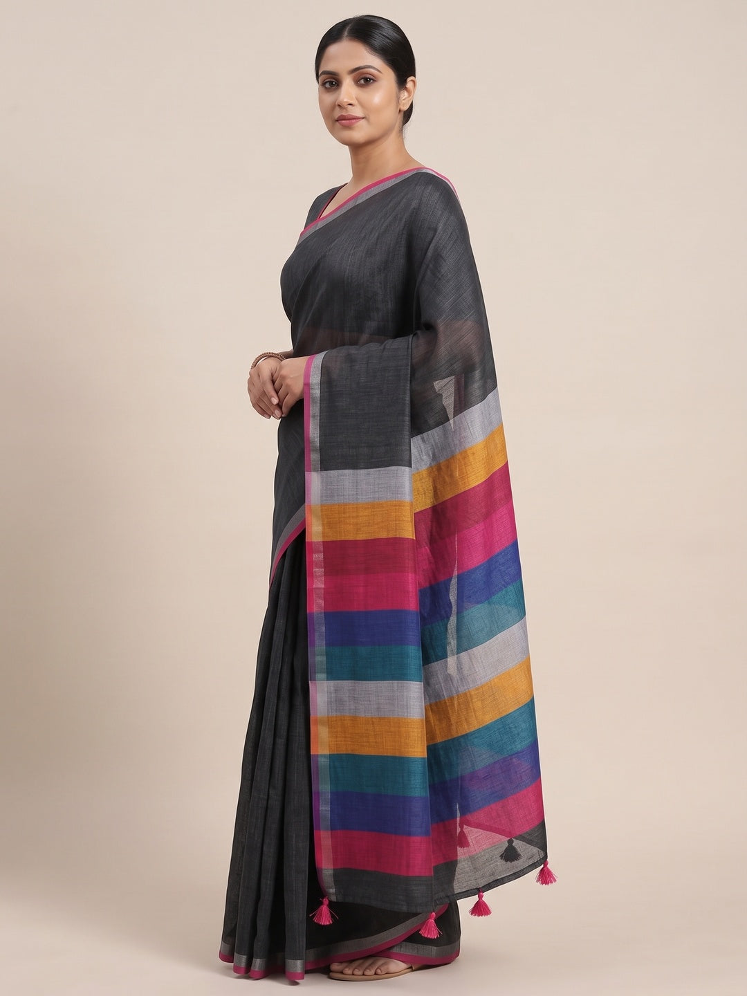 Multicolor Soft Linen Saree with Artistic Print - Image 3